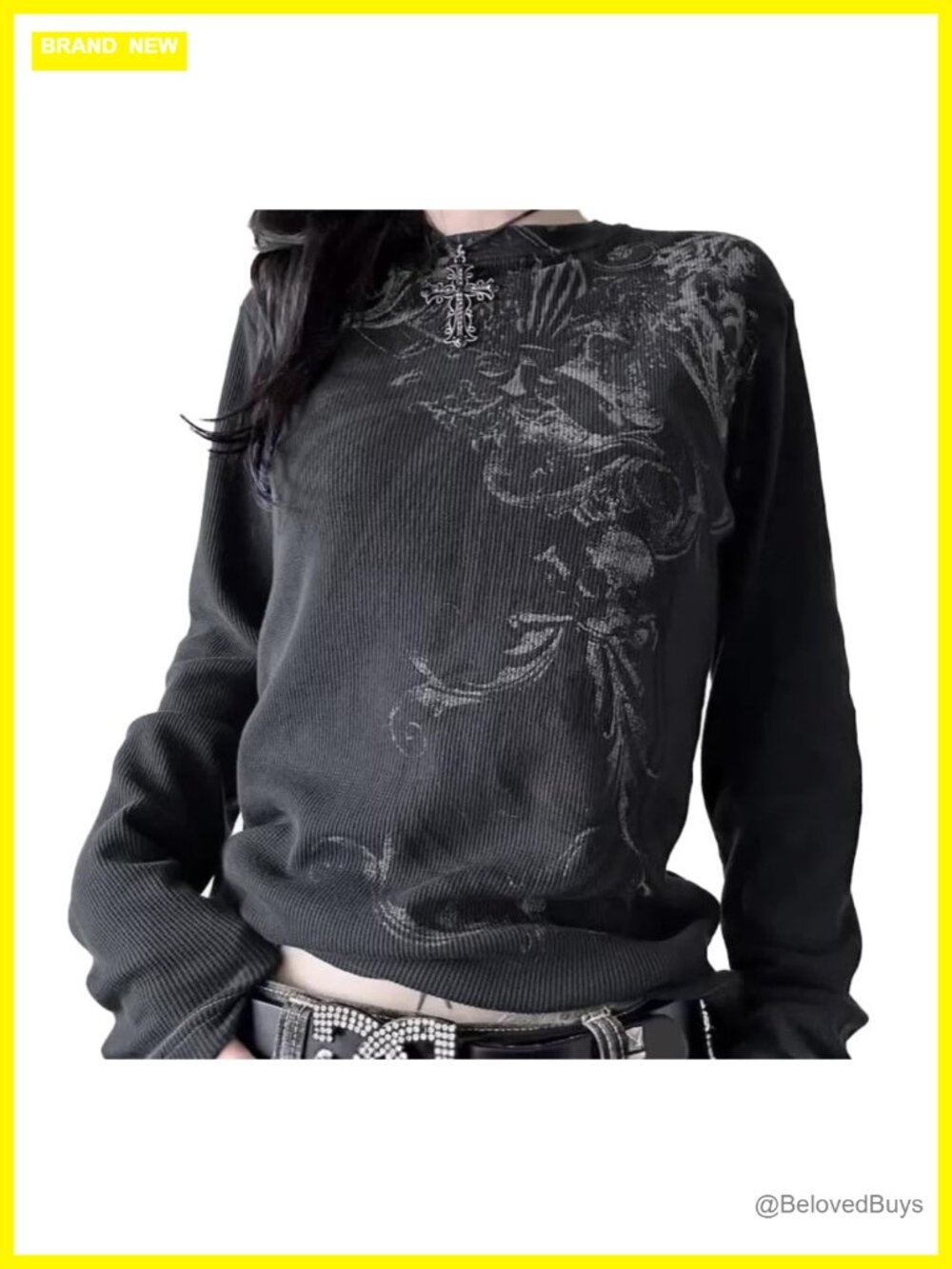 Womens Ribbed Gothic Graphic Sweatshirt Long Sleeve Grunge Y2K Punk Top